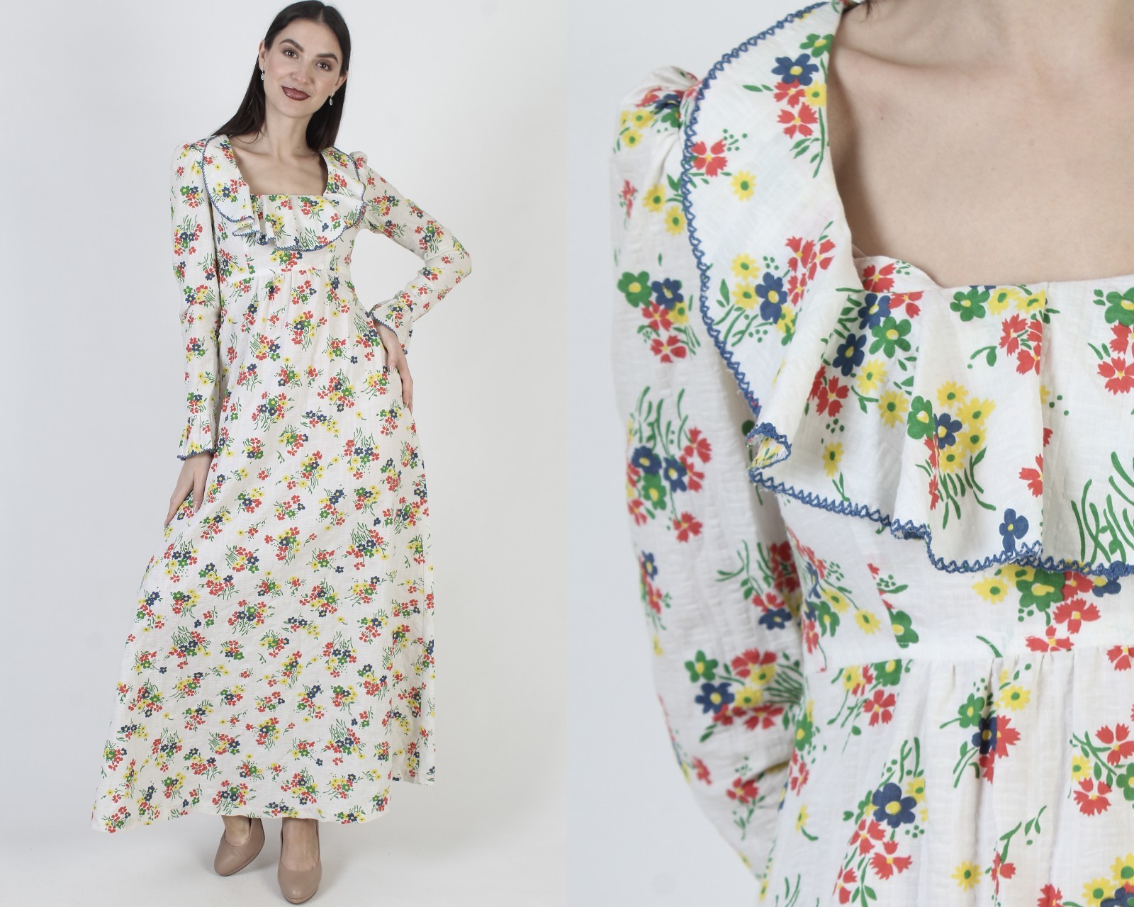 Vtg White Floral Prairie Dress 70s High waist Cottagecore Boho Peasant Gown
