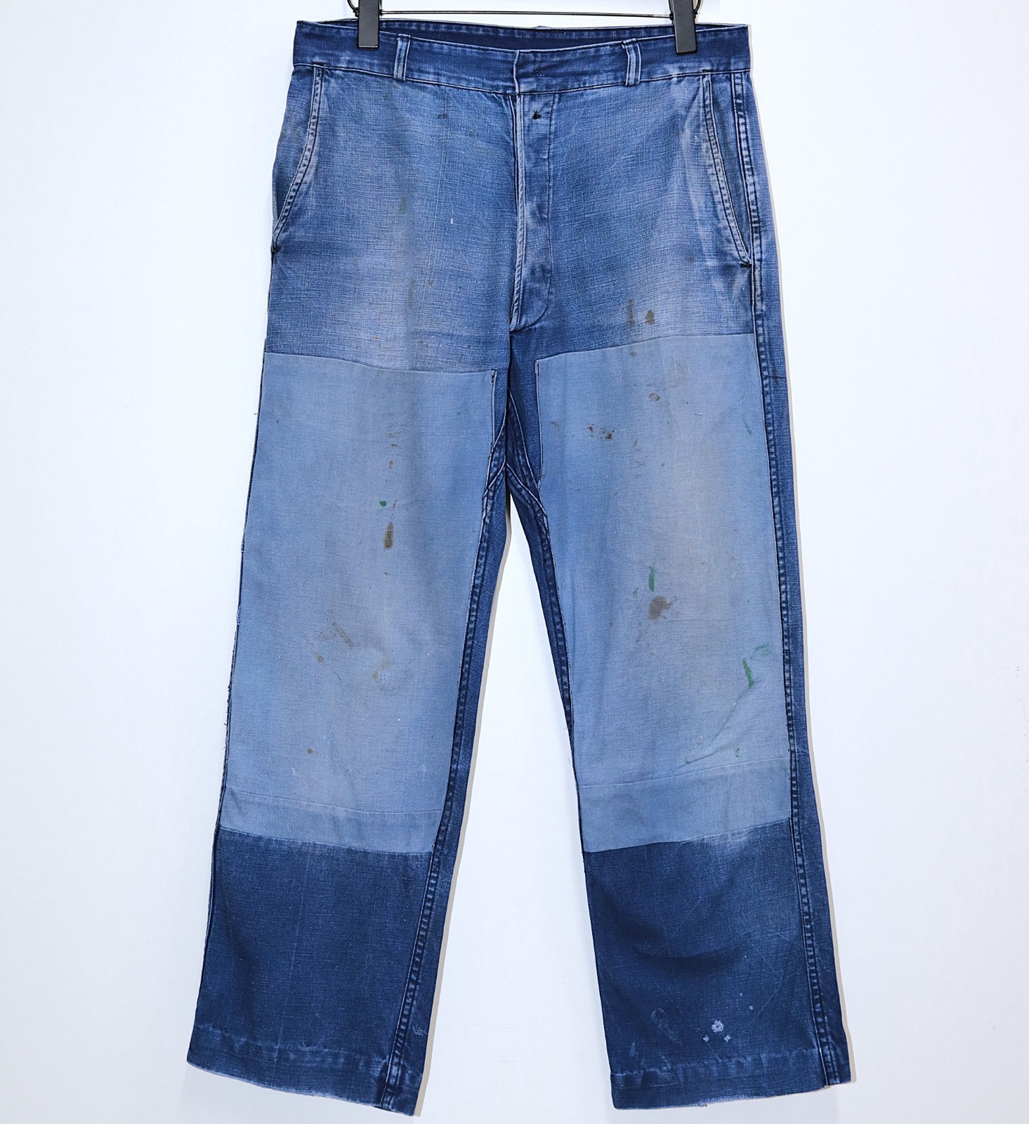 French 1950s Indigo Metis Cotton Patched & Stained Work Chore Peasant Pants W33