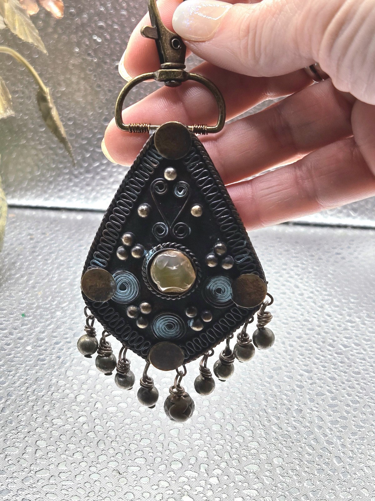 Vtg Brutalist Viking Tribal Medallion Dangle Bead Hand Bag Purse Keychain Clip