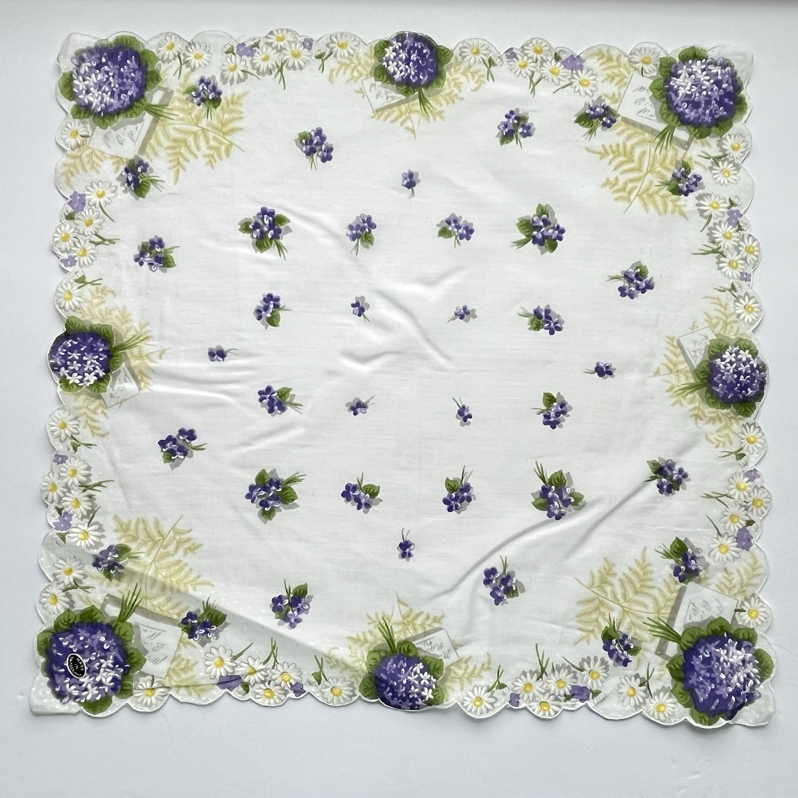 VTG Floral Hankie Violet Hydrangea Daisies Swiss Dot Scalloped Edge NWT 16×17″