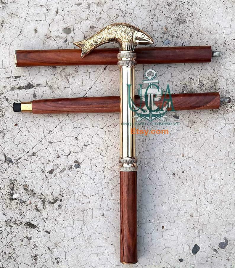 Nautical Brass Fish head handle Victorian Style wooden walking stick shaft cane