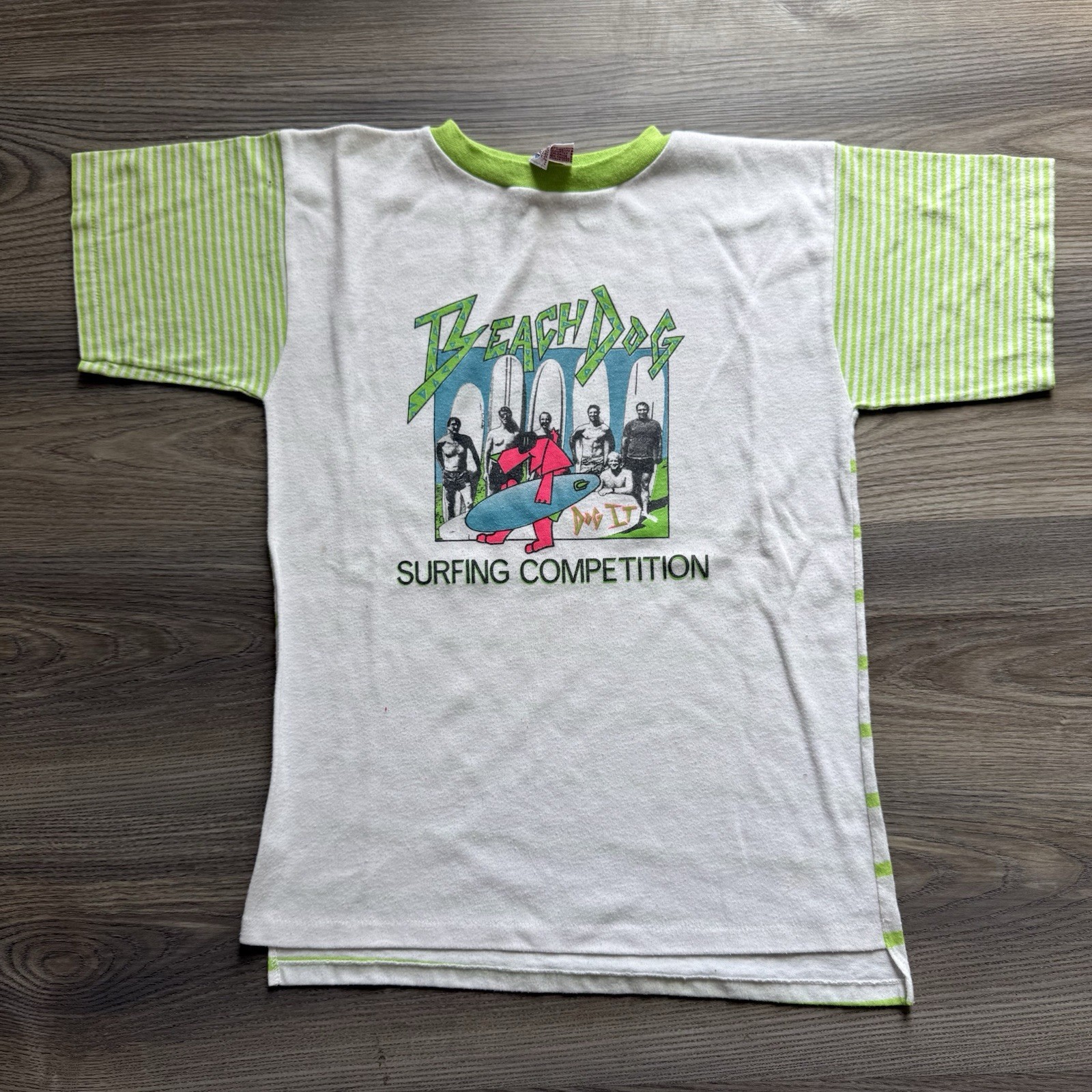 VTG 80s Beach Dog Surfing Competition Striped T-Shirt Size Youth XL USA