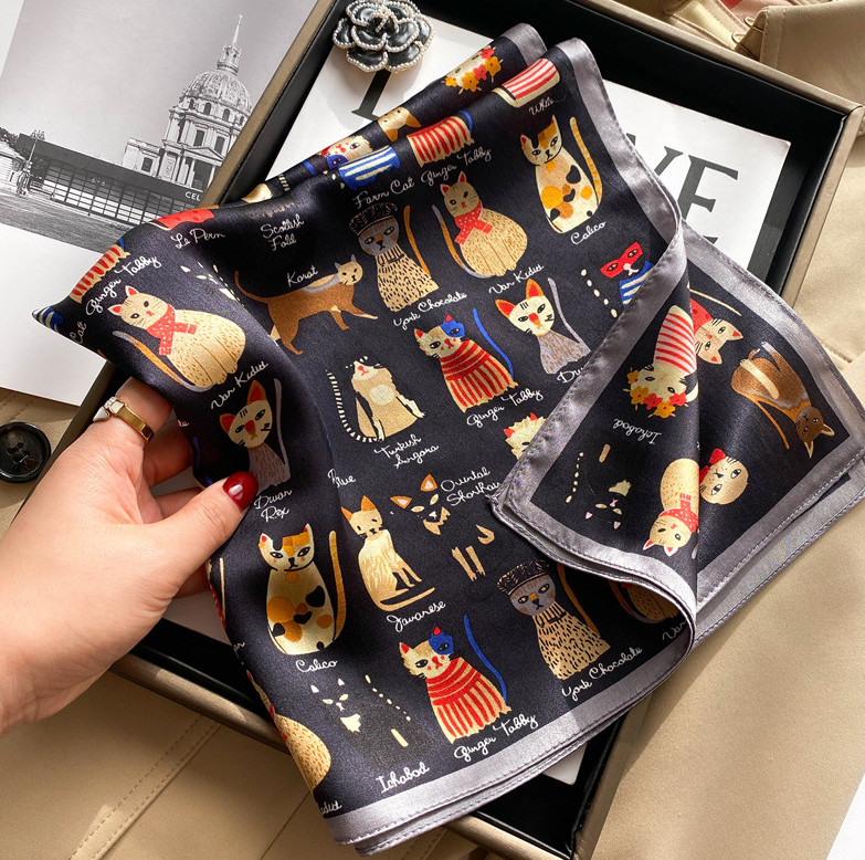 100% Mulberry Silk Square Scarf Women Neckerchief Wrap Cartoon Cat black
