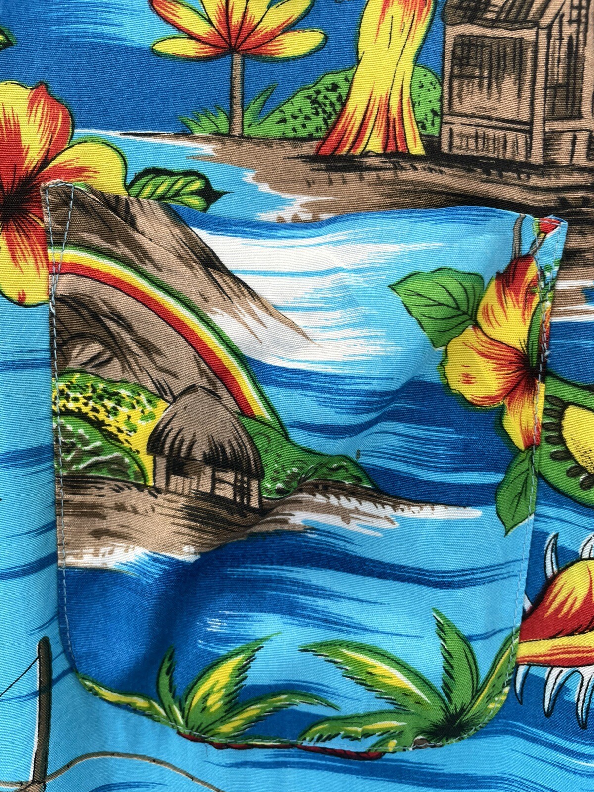 VTG 70s Hawaiian Holiday Hawaiian Shirt Rainbow Volcano RAYON KOREA SZ M (FLAW
