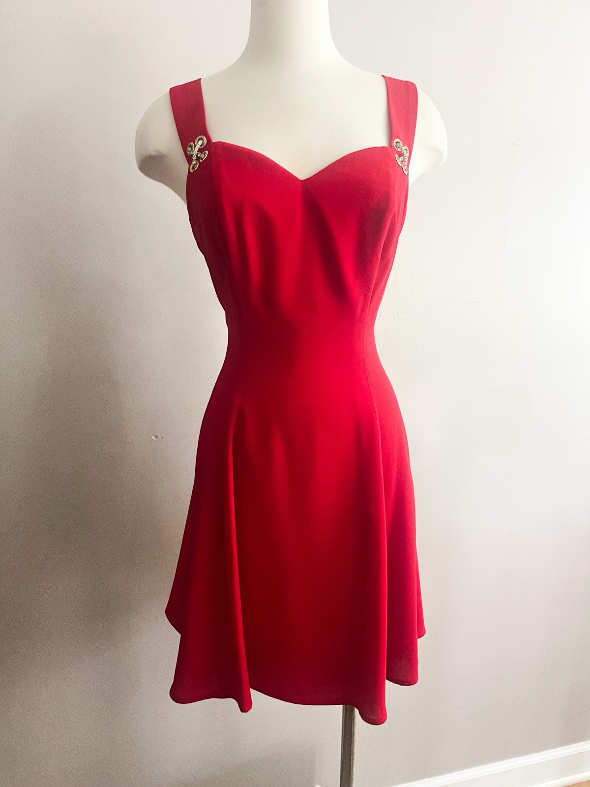 90s Vintage Red Cocktail Dress with Rhinestone detail sweetheart neck