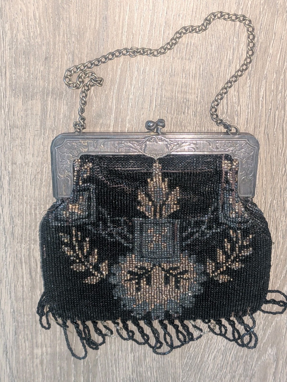 ANTIQUE MICRO BEAD VINTAGE GERMAN GORGEOUS SILVER GOLD JET BLACK FOREST BAG