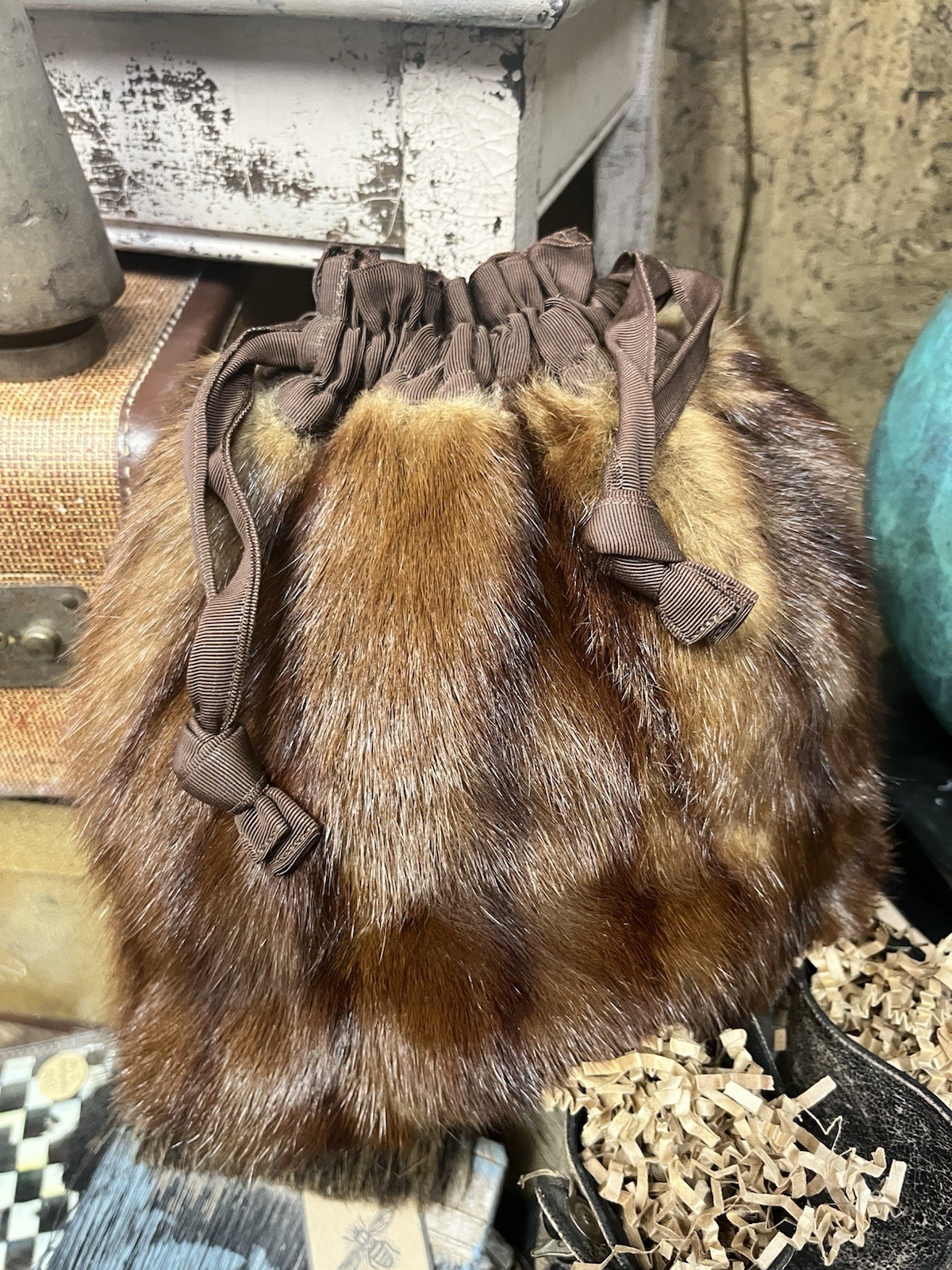 LUXURY! Vintage Authentic Mink Fur Satin Drawstring Bucket Bag Purse 10” Tall