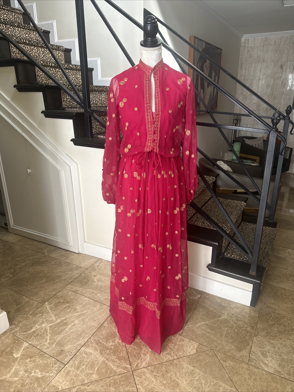 Jack Bryan NWT 70s Raspberry Pink Voile & Gold Embroidery Blouson Maxi Dress S
