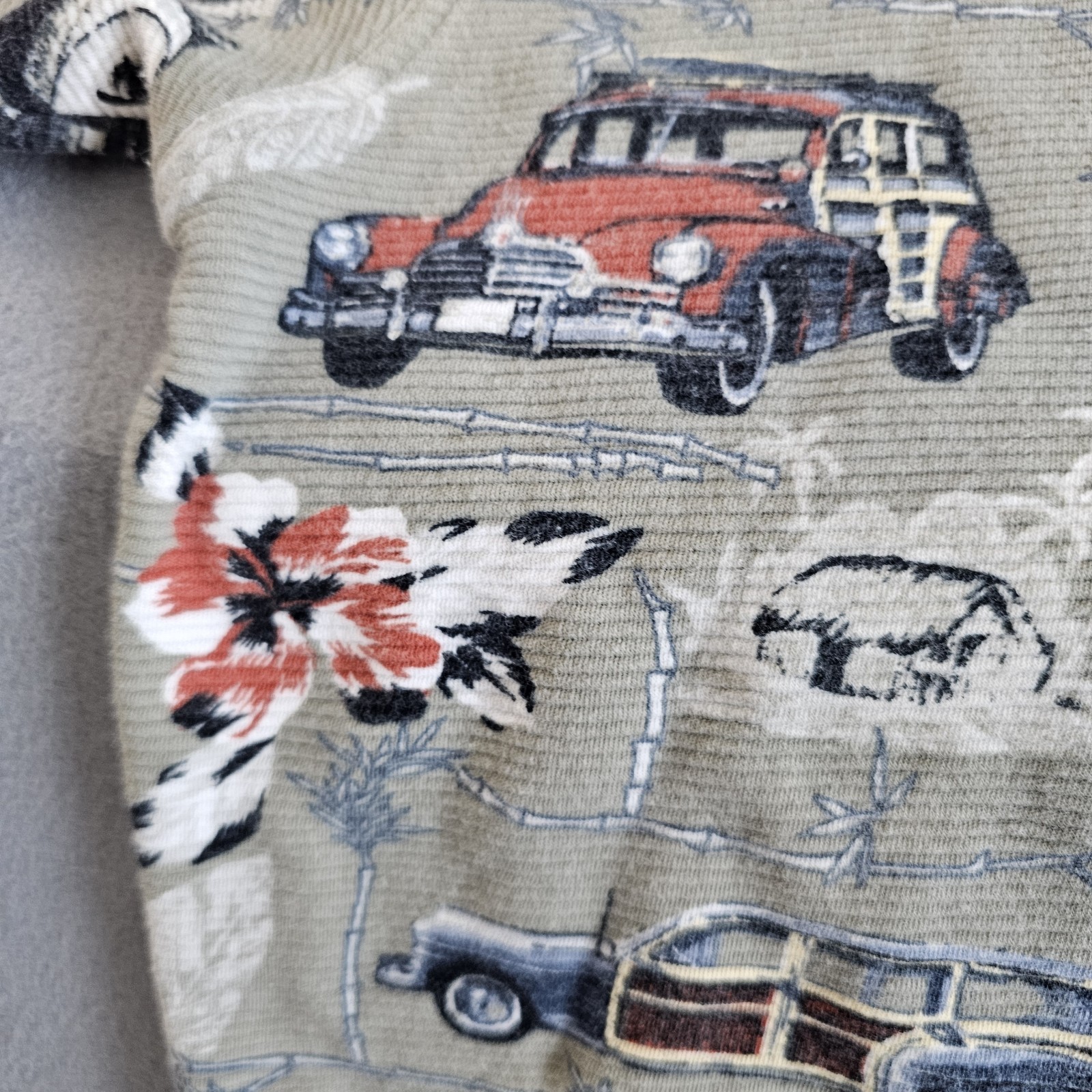 Vintage Palm Island Polo Shirt Men’s L Woody Cars Surf Hawaii 90s Novelty Print