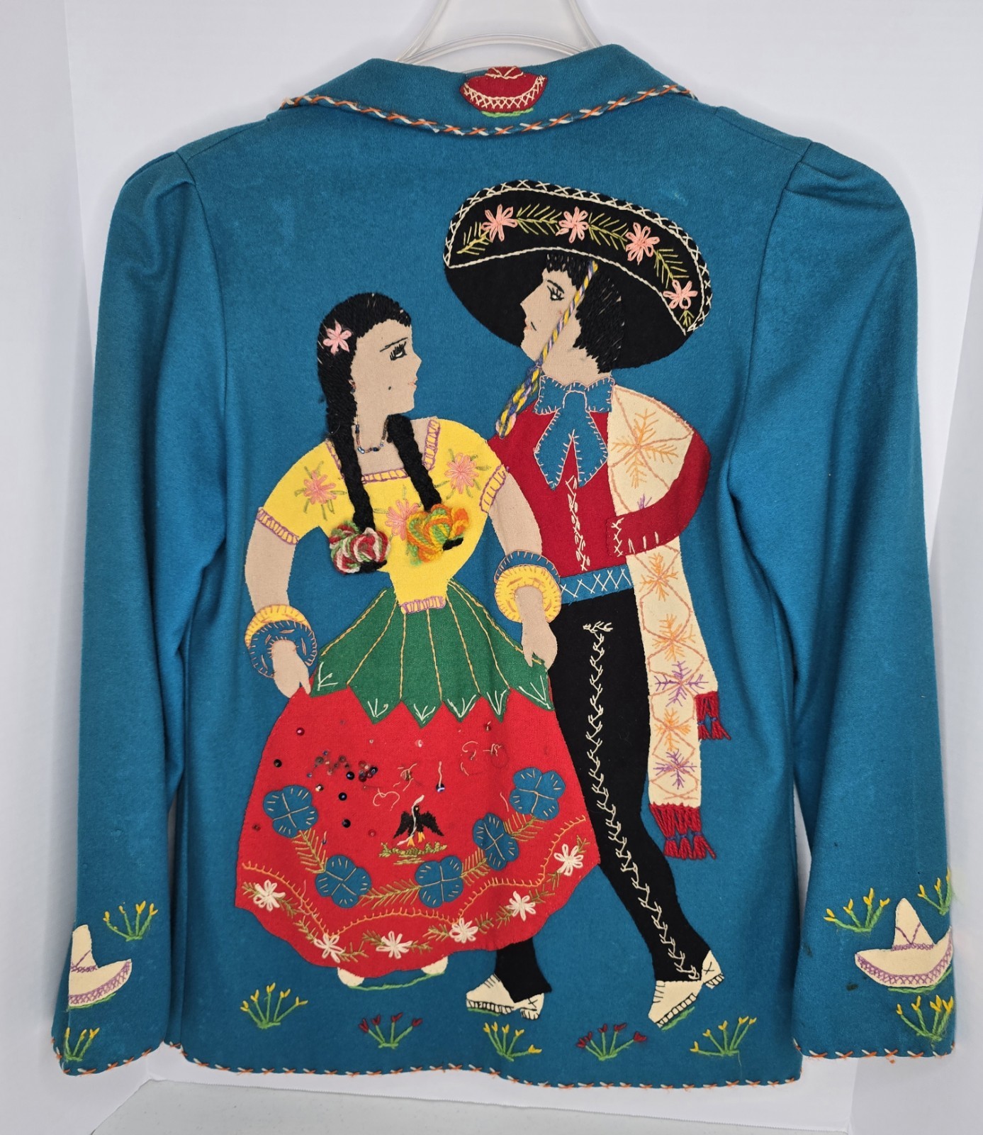 Vintage Mid-Century Lopez Mexican Wool Embroidered Souvenir Jacket – Teal As-Is