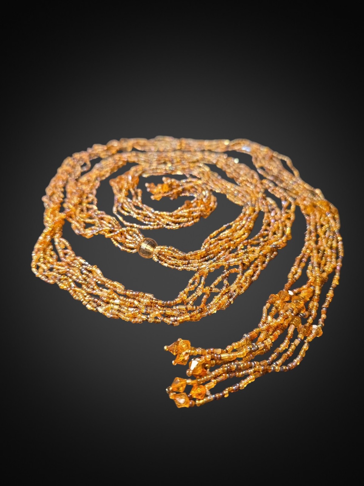Vintage 64″ 10 Strand Amber Seed Bead Lariet Scarf Necklace Boho Tassel Long