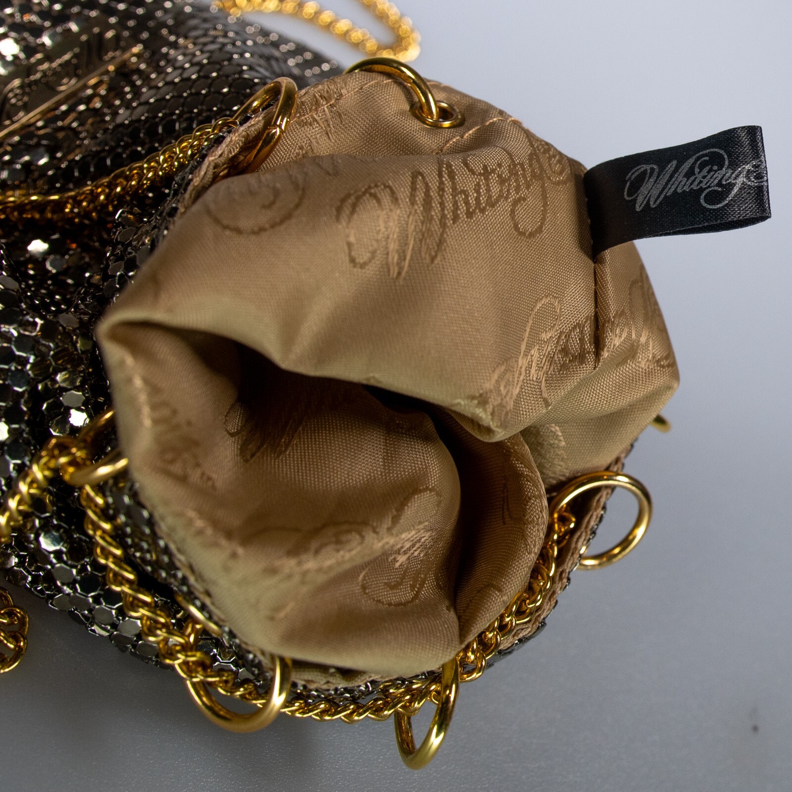 WHITING & DAVIS gold glomesh bucket / pouch slinky bag – crossbody length