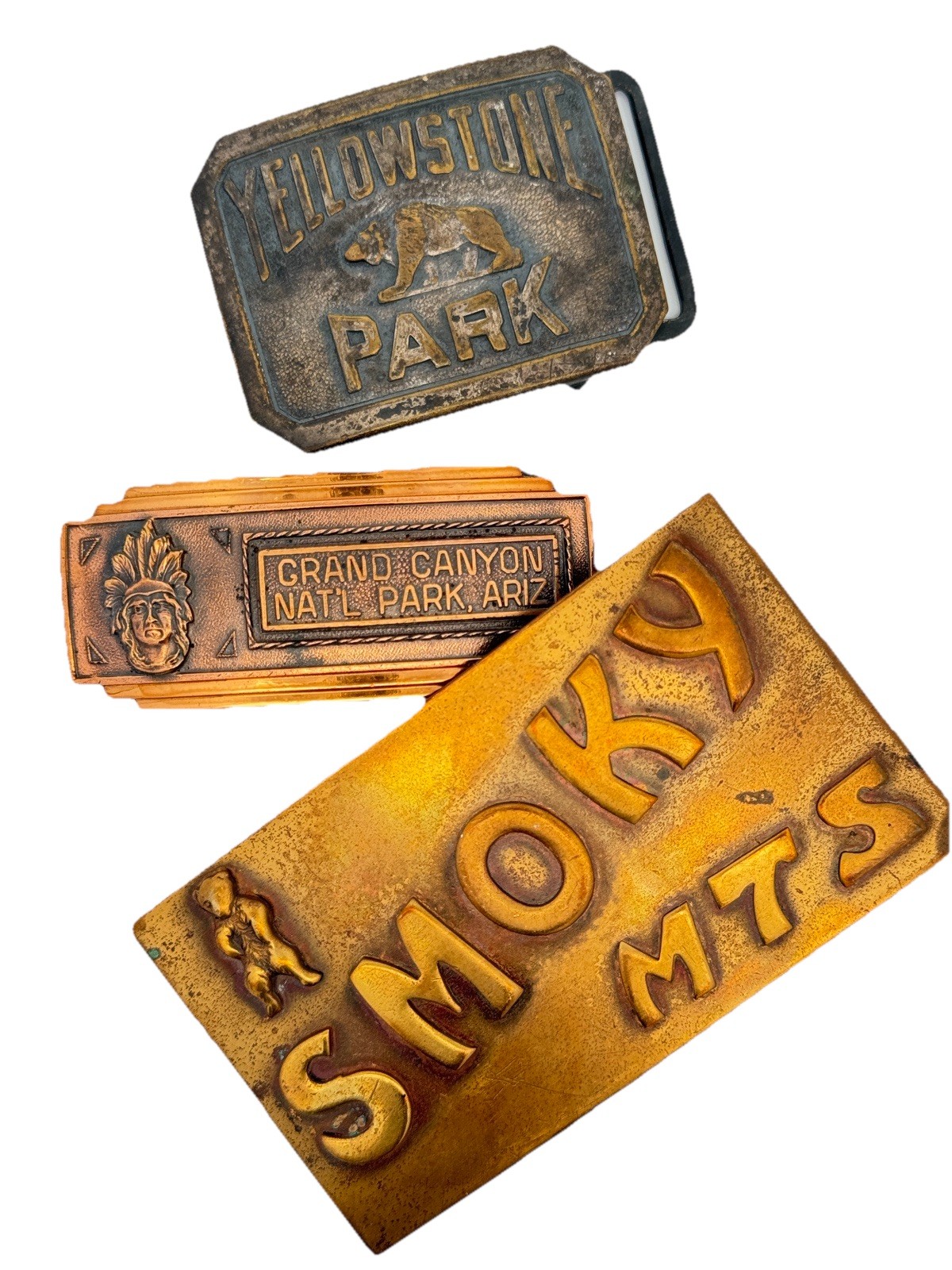 Vintage Lot Three Brass United States National Parks Adult Unisex Belt Buckles