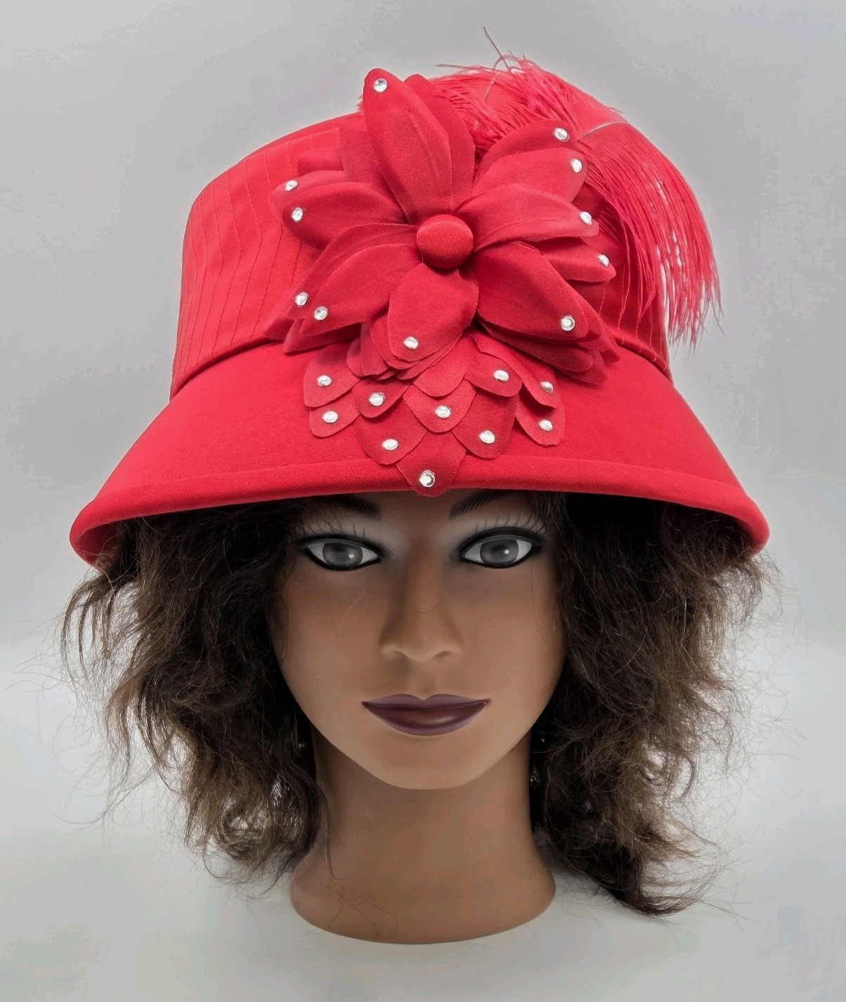 ML Studio Church Hat Red Cloche Derby Style Feathered Flower VTG 80s