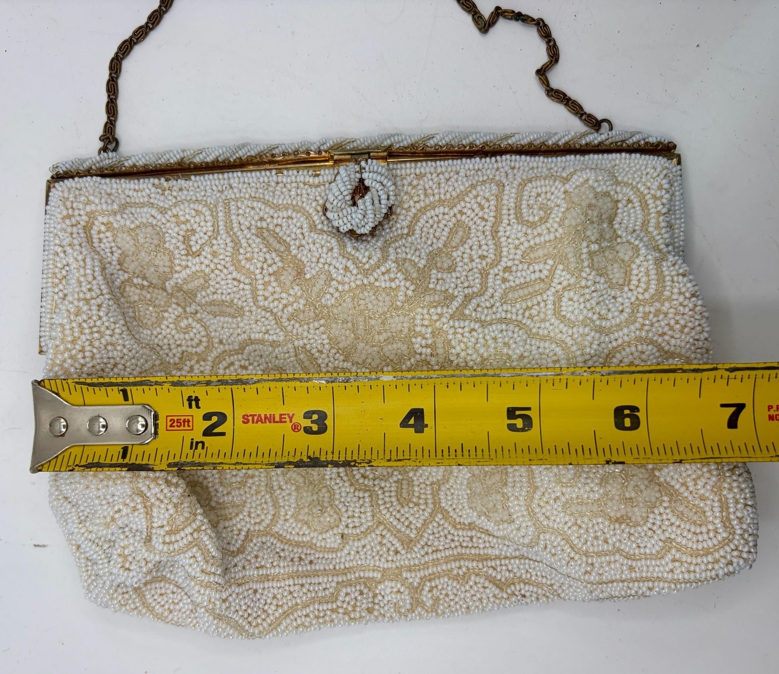 Vintage Mid-Century White Evening Bag Hand-Beaded in France with Gold-Tone Frame
