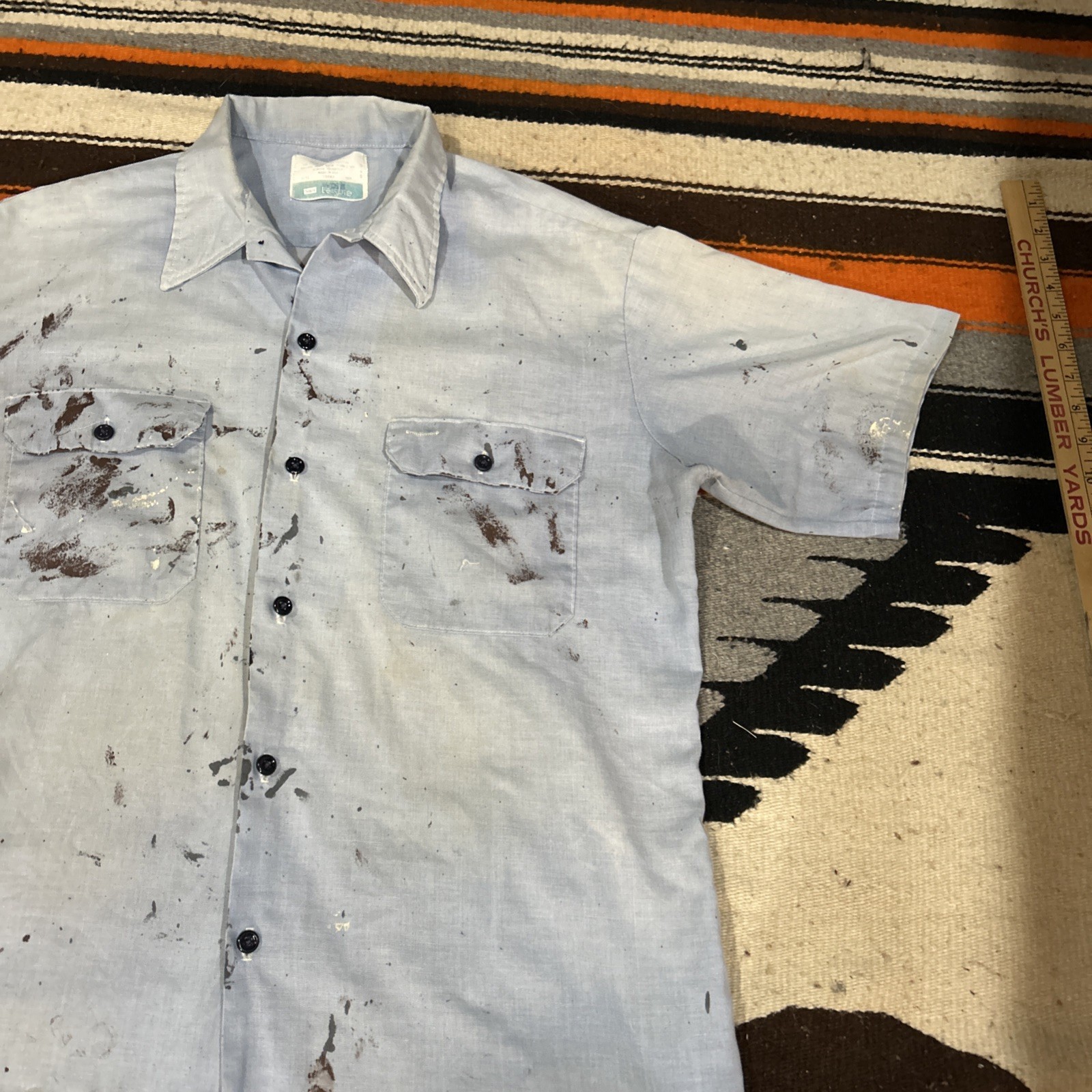 Vtg Distressed Paint Sears Sz L 16-16 1/2 Short Sleeve Blue Work Leisure Shirt
