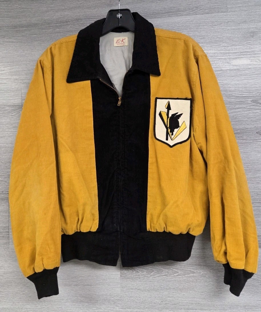 VINTAGE CORDUROY JACKET VTG 50s 60s CHAIN STITCH HIGH SCHOOL PATCH SATIN LINED