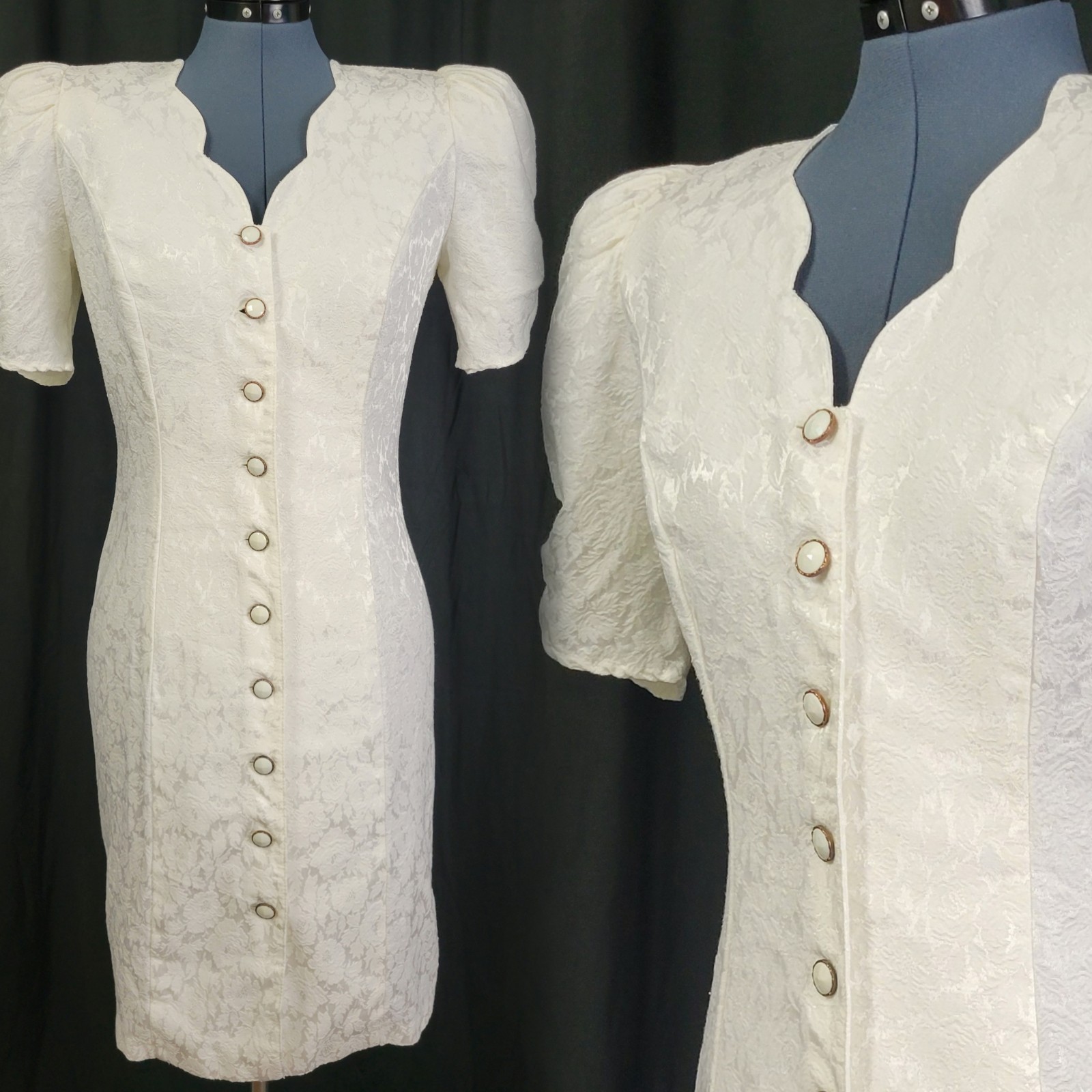 Vintage All That Jazz Cream Brocade Sheath Dress w Button Down Size 9/10