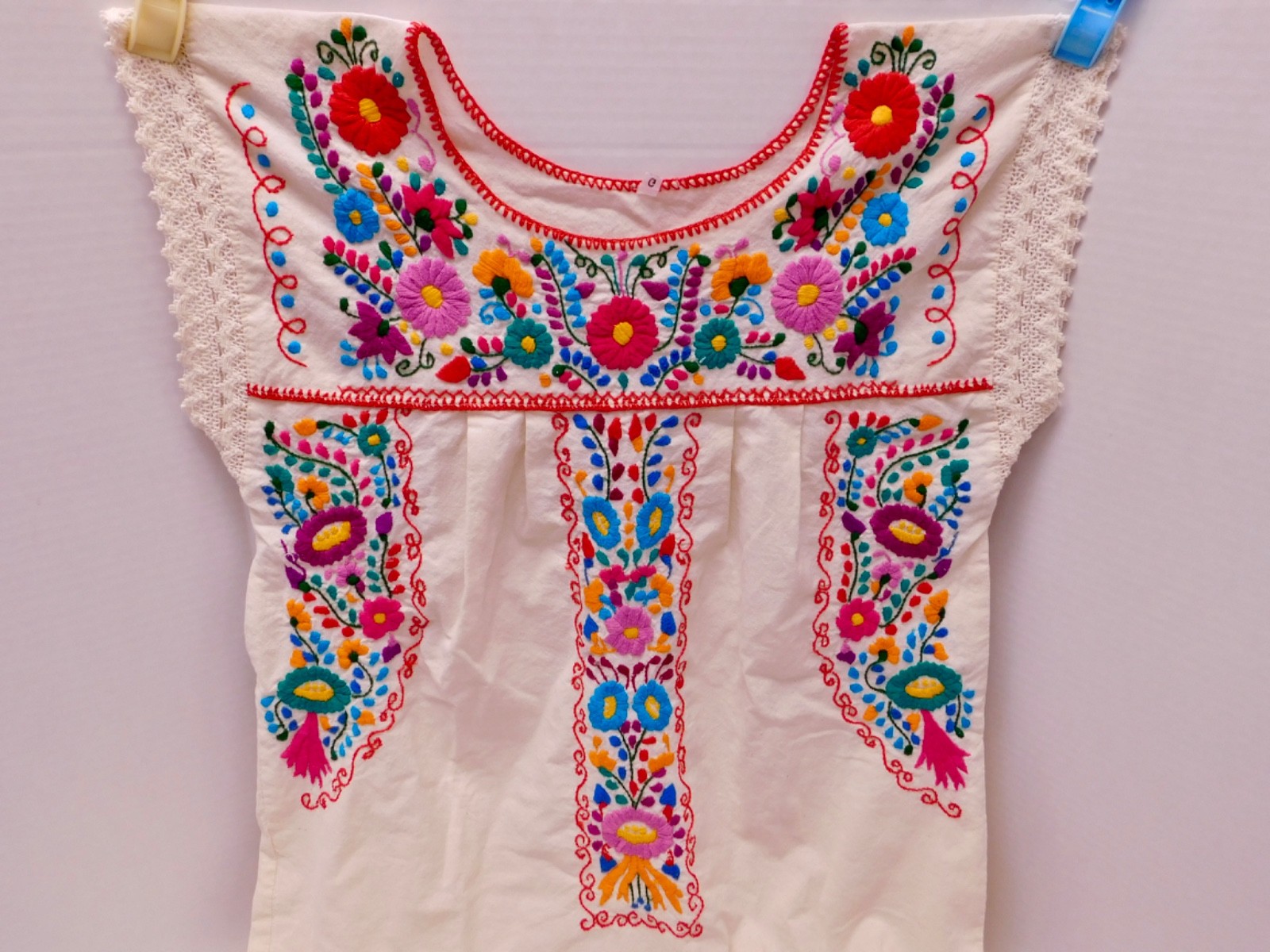 Vintage Mexican Embroidered Blouse Dress Shift Boho Hippie Floral 1960s