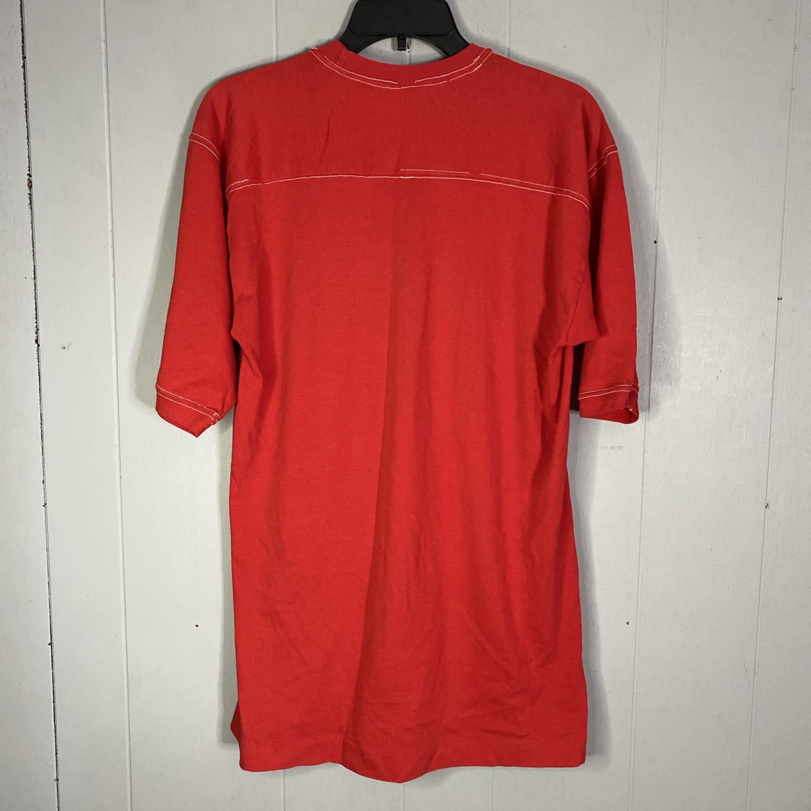 Vintage 80s Single Stitch T Shirt Red Sportswear Ringer Sleeve 19×29 Fits Medium