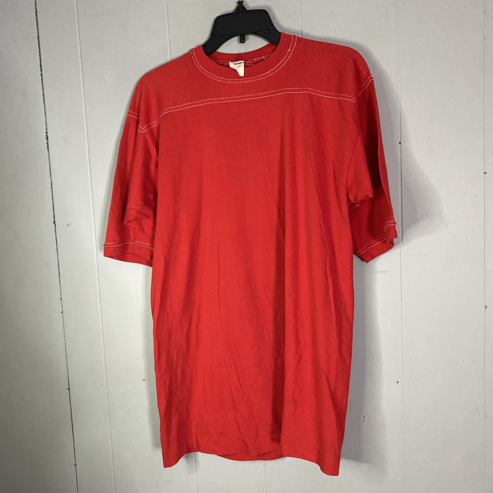 Vintage 80s Single Stitch T Shirt Red Sportswear Ringer Sleeve 19×29 Fits Medium
