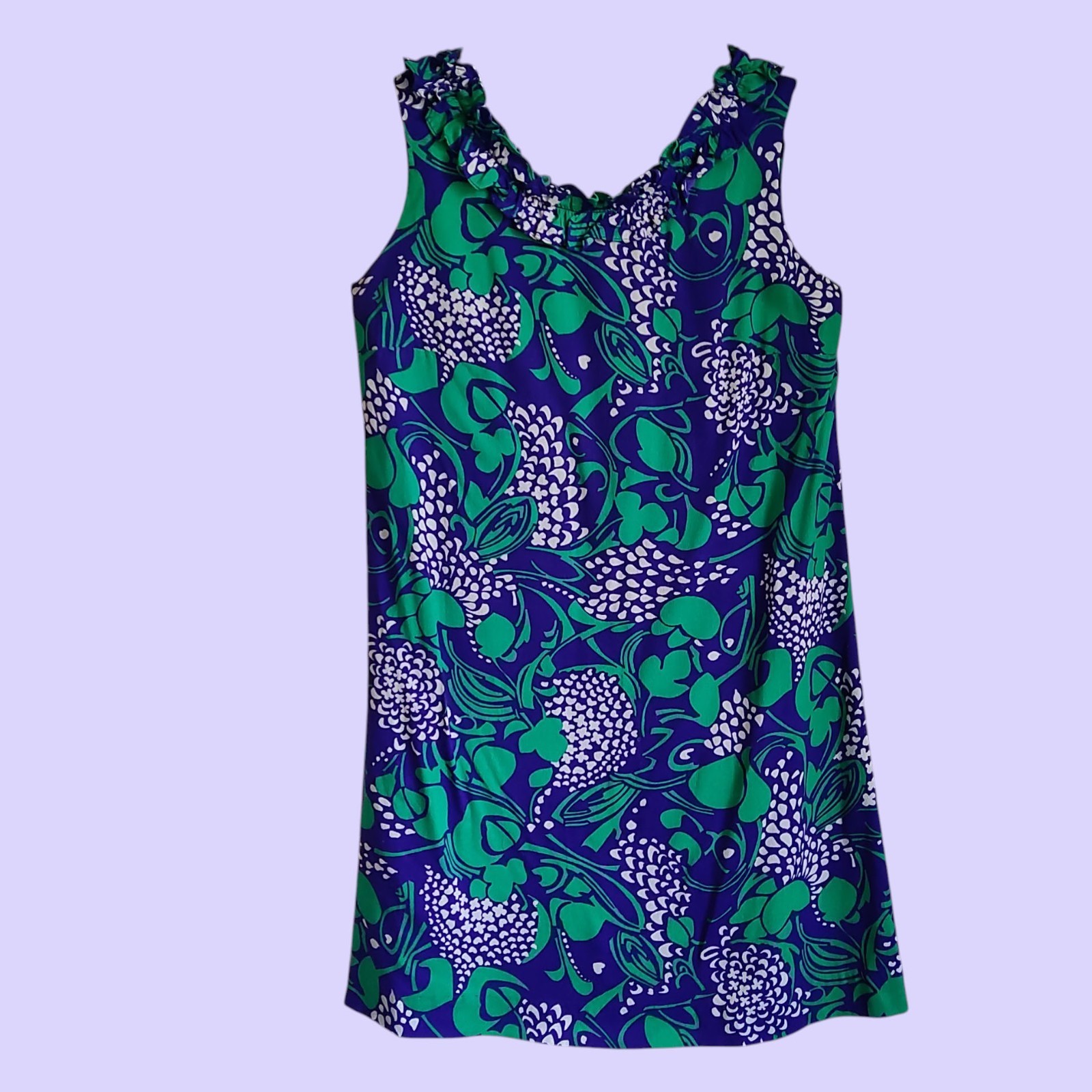 Vintage 60s Keno Ano Fashions Ruffle Neck Tropical Print Hawiian Shift Dress M