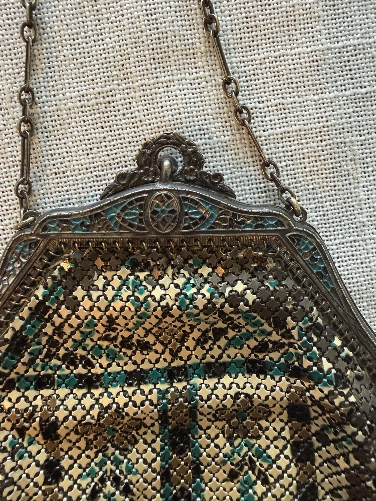 Vintage Mandalian Mfg. Co. Enamel Mesh Purse c. 1920s Art Deco Flapper Handbag
