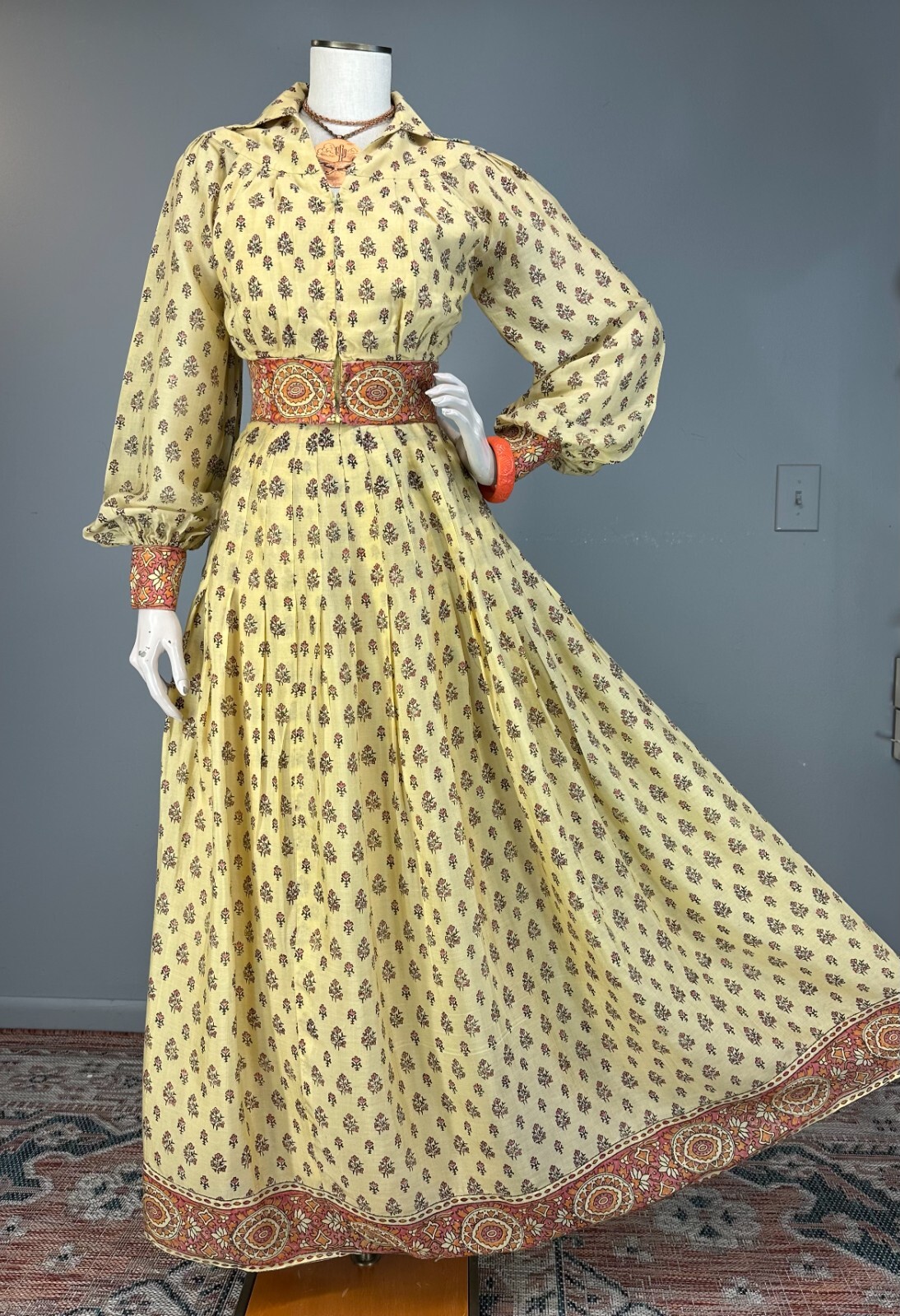 Vtg 60s 70s Cotton India JACKET + SKIRT Border Block Print Billow Sleeve Set S