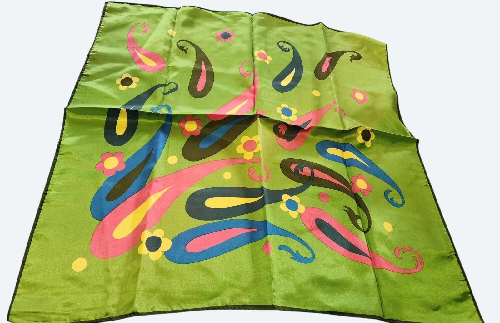 Vintage Green Paisley & Floral Pattern Scarf 27.5 inches Square Boho Hippy