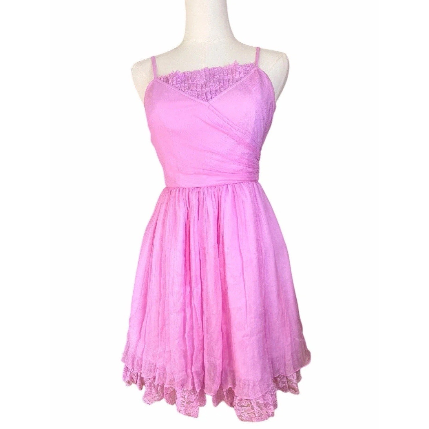 Betsey Johnson Lavender Pink Silk Babydoll Dress Sz 2 Lace Mini Y2K Coquette
