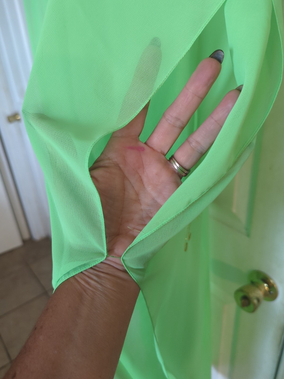 Vtg 70’s Neon Green Dress Butterfly Motive Chiffon Overlay Custom Made Sz 12
