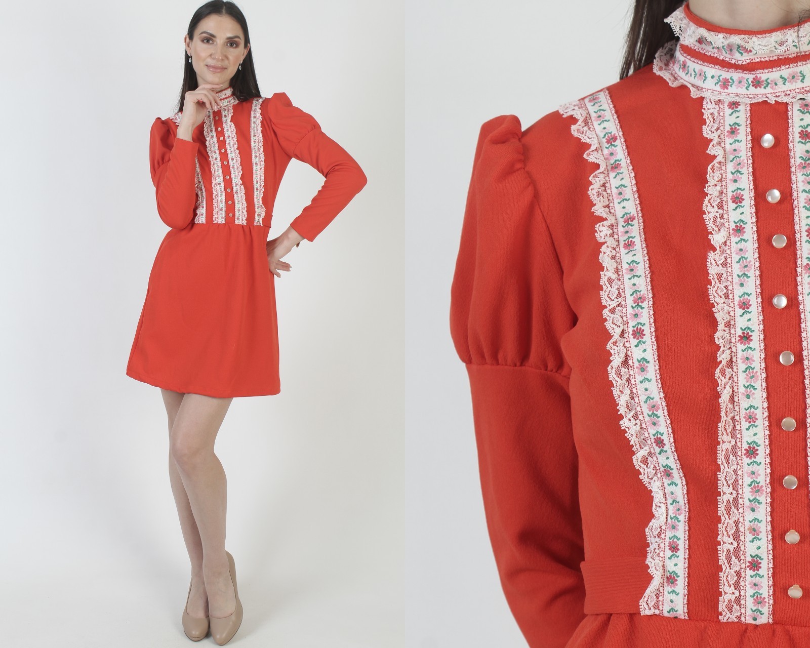 Vtg 60s Red Tuxedo Dress White Floral Lace High Waist Mod Scooter Micro Mini