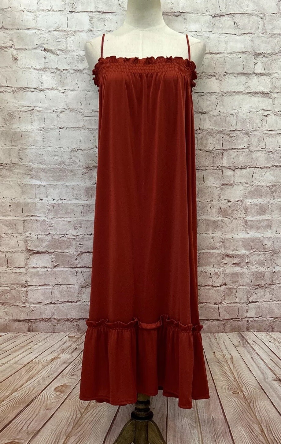 VINTAGE Dress *S/M *See Description SMOCKED Tier Spaghetti Shift Midi 70s Hippie