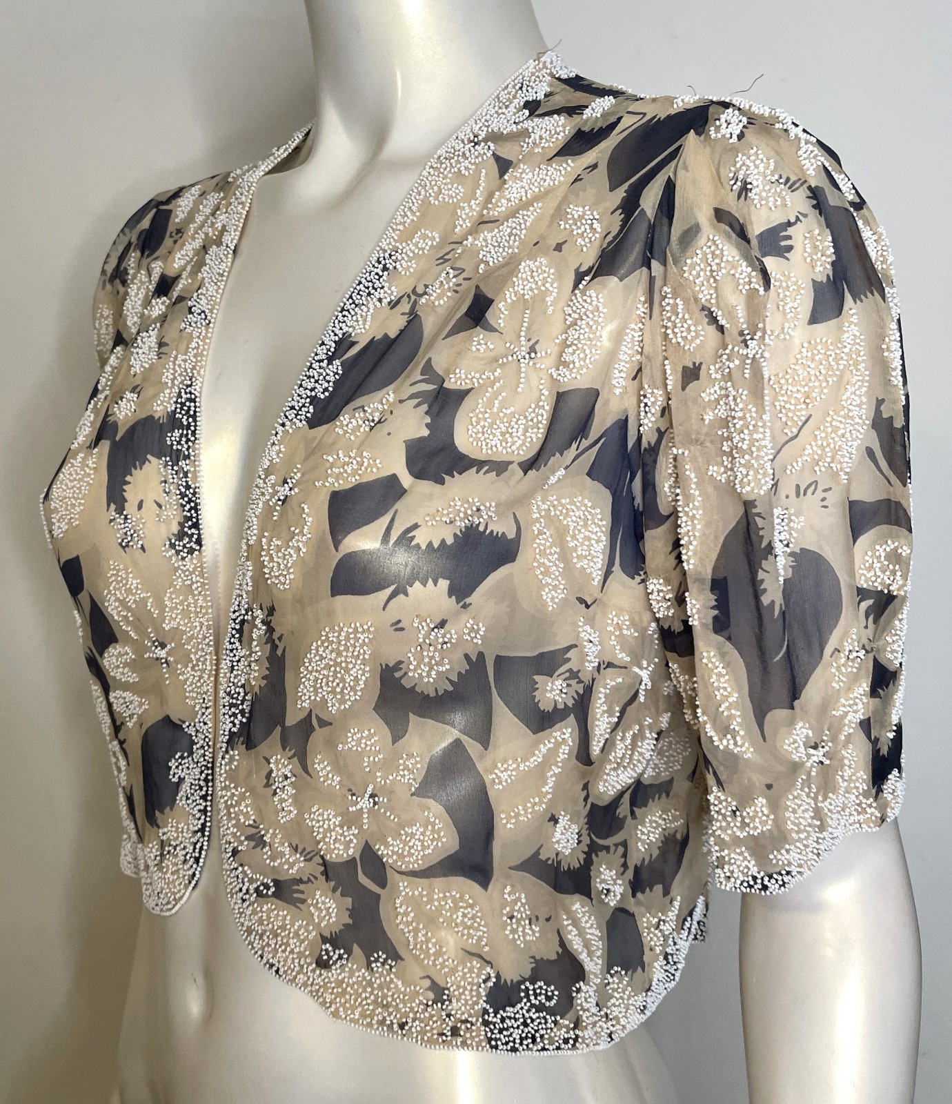 Antique 20s 30s Beige Navy White Beaded Floral Sheer Jacket S M Overlay Evening