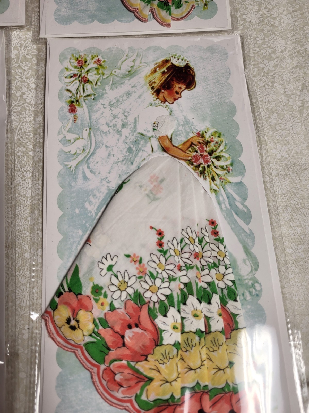Lot of Retro hanky handkerchief card; bride w/full skirt, wedding card, envelope