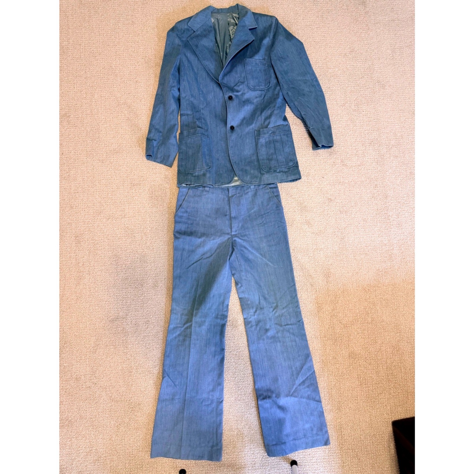 Vintage Tobias Collection Mens Blue Chambray Flare Suit Set 33×33 Retro 70s Y2K
