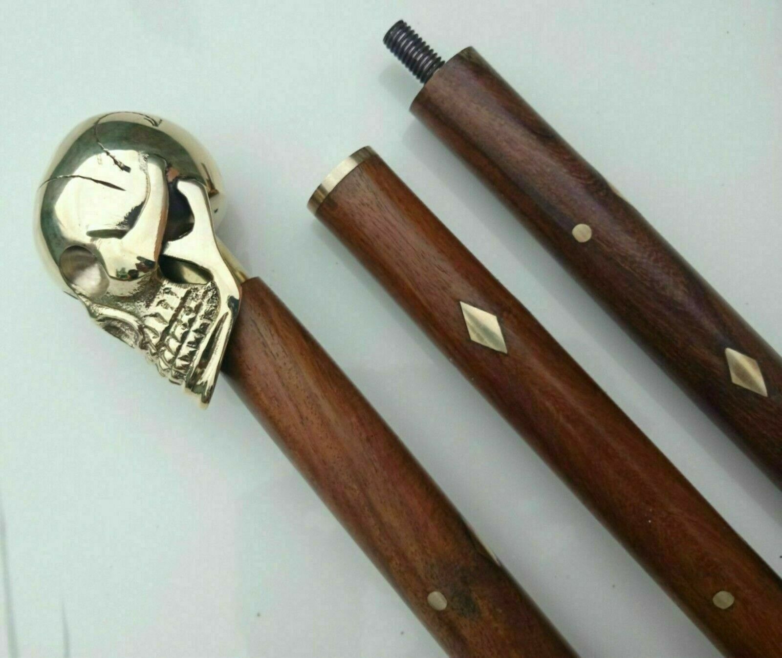 Antique Walking Cane Wooden Stick Brass Skull Head Handle Vintage Knob Cane Gift