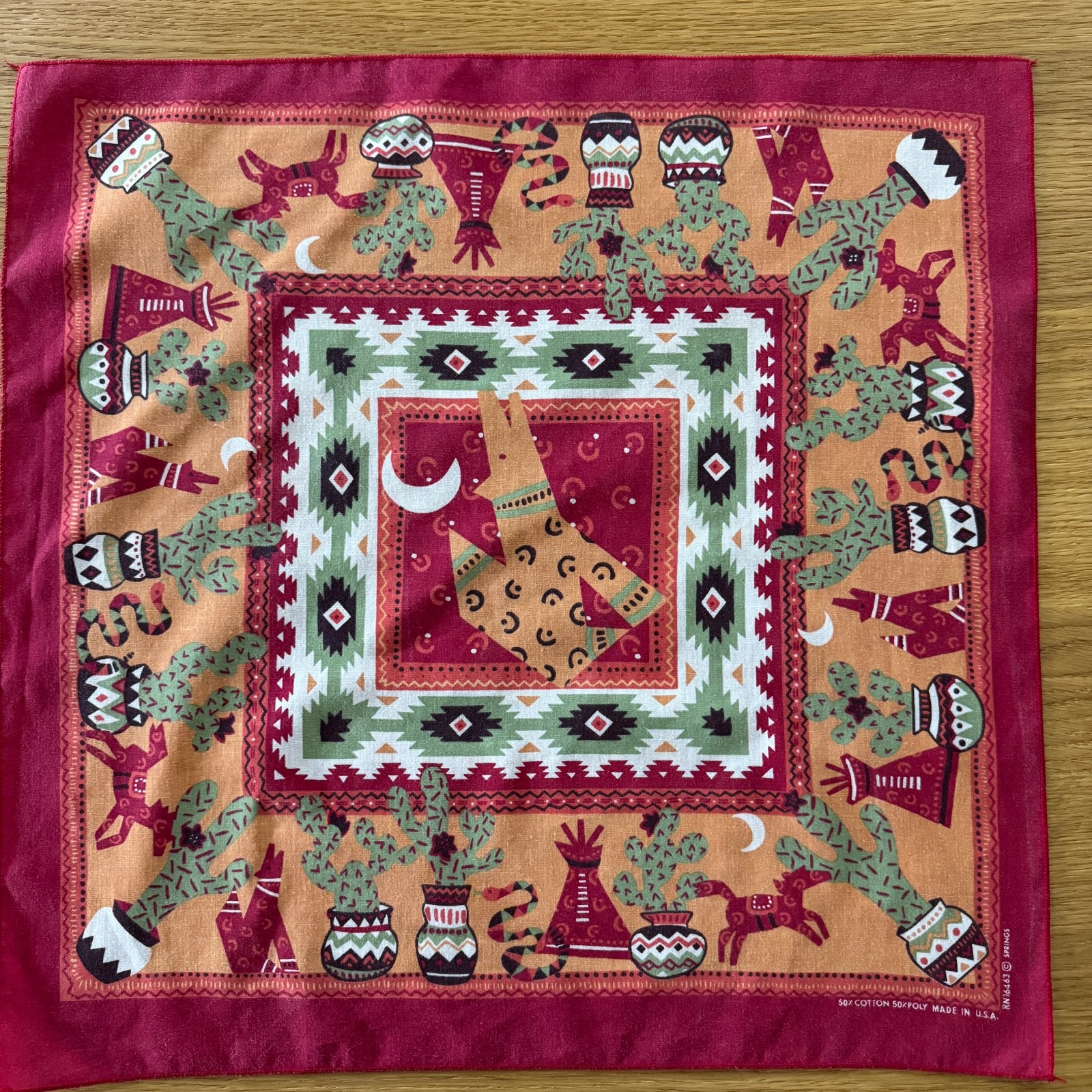 Springs Bandana Southwestern Wolf Teepee Cactus RN16463 21×21 Vtg Made In USA