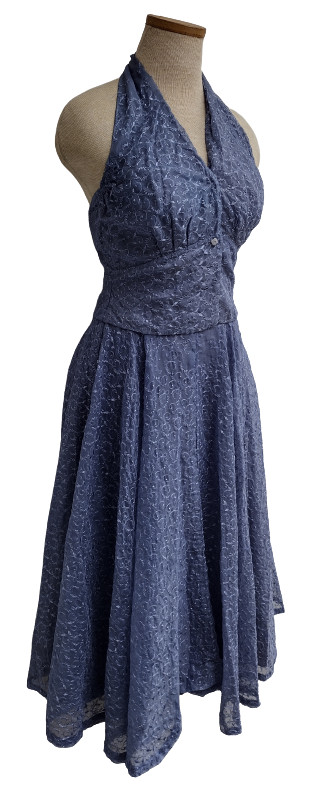 Cute! 2 Pc. VTG 1940s 1950s Halter Top Skirt Blue Dress sz S 6 Rockabilly Pinup