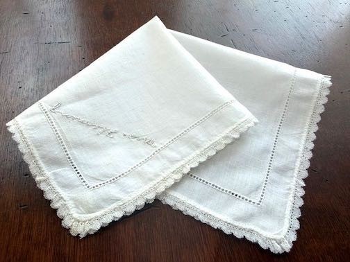 VINTAGE HANKY EMBROIDERD “MRS. FLEMING” WHITE ON WHITE WITH LACE EDGING COTTON