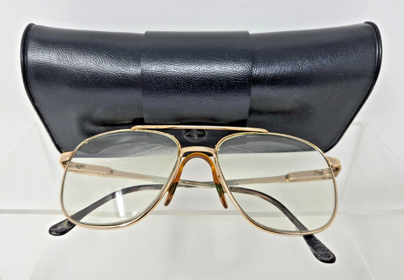 Vintage Aviator Glasses Gold Frame Full Amber Nose-Guard Bifocal with Black Case