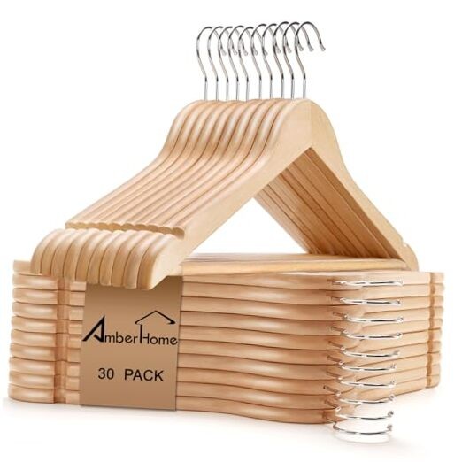 Pack Wooden Coat Hangers Wood Suit Hangers with Non-Slip Pant Bar, 30 Natural