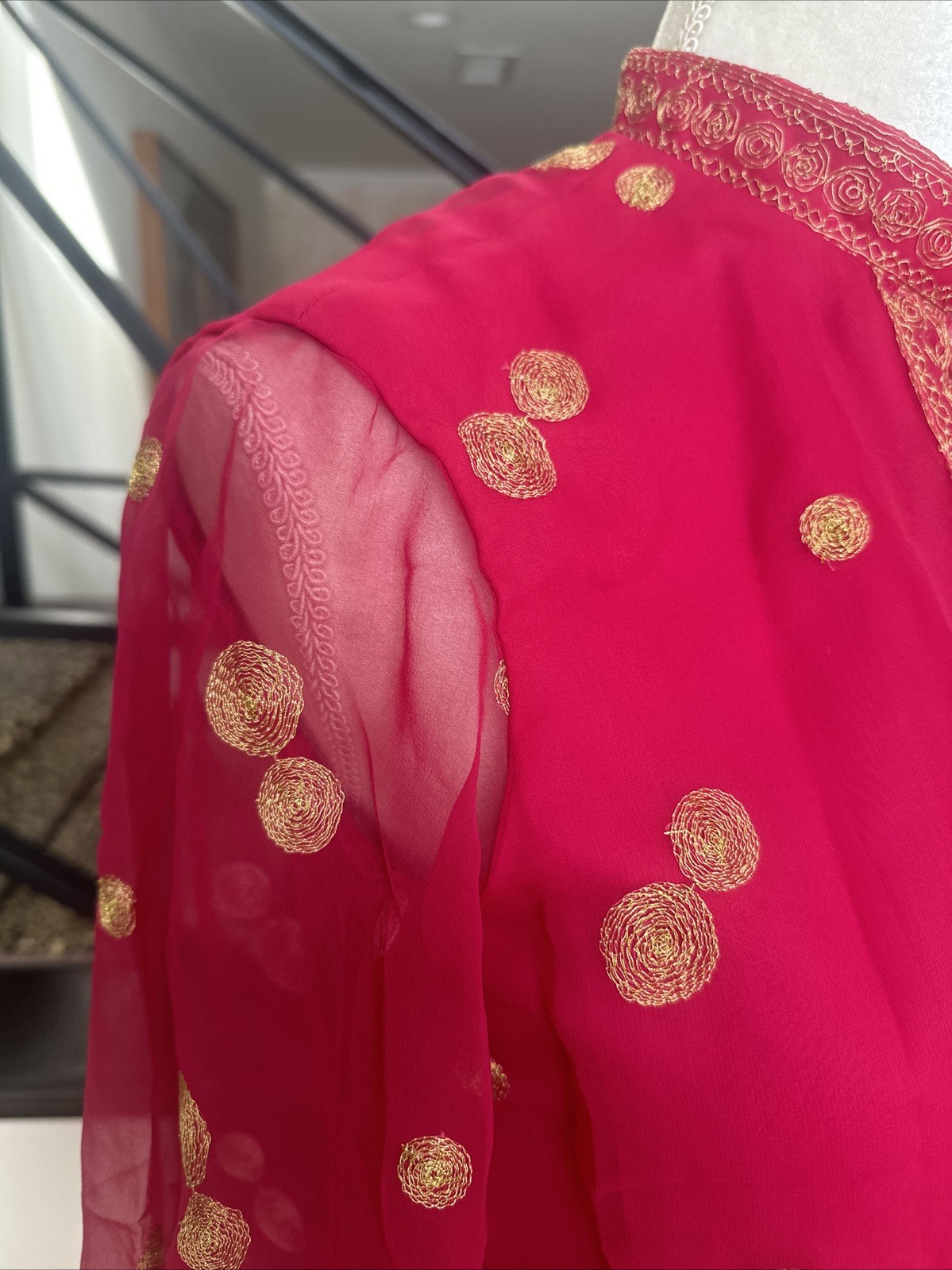 Jack Bryan NWT 70s Raspberry Pink Voile & Gold Embroidery Blouson Maxi Dress S