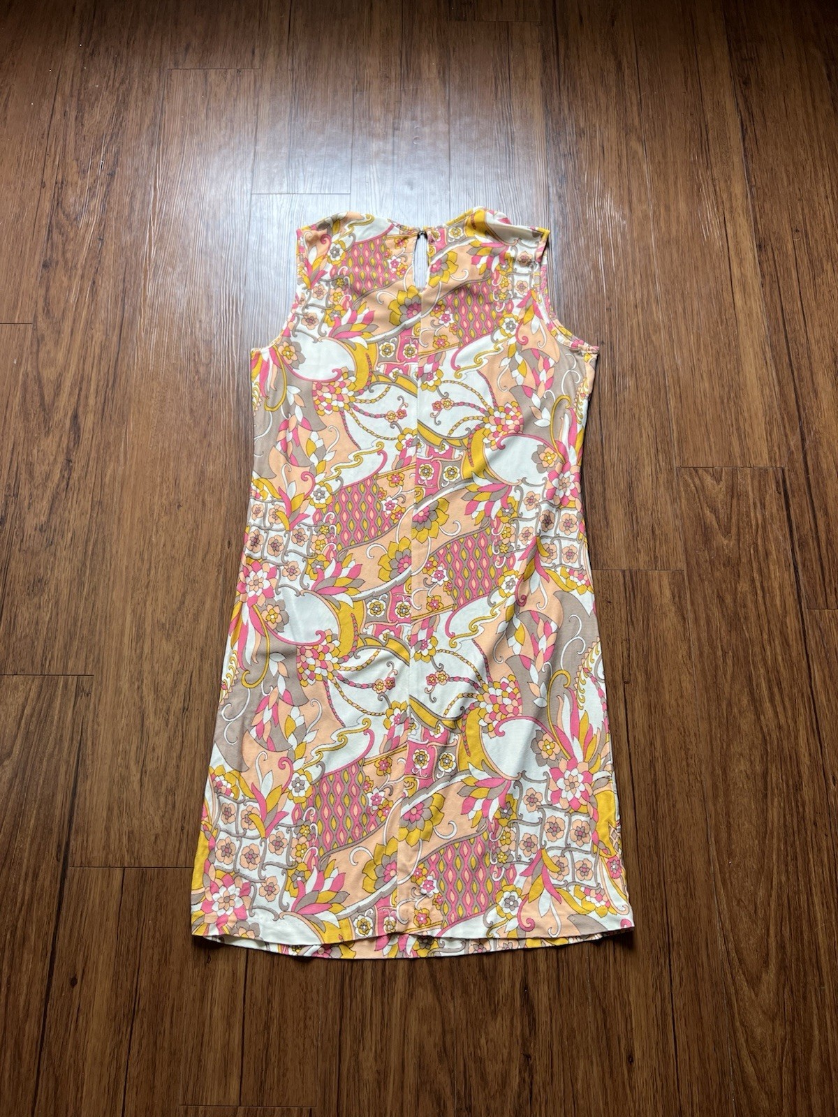 Vintage 70s Psychedelic Shift Dress XL Sleeveless Mod Groovy Pink Yellow Orange
