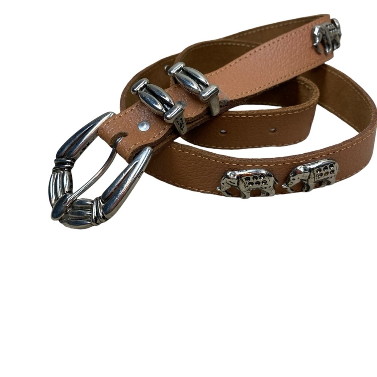 Vintage Leather Belt With Elephants Size M/L Heavy Silver Hardware Light Brown