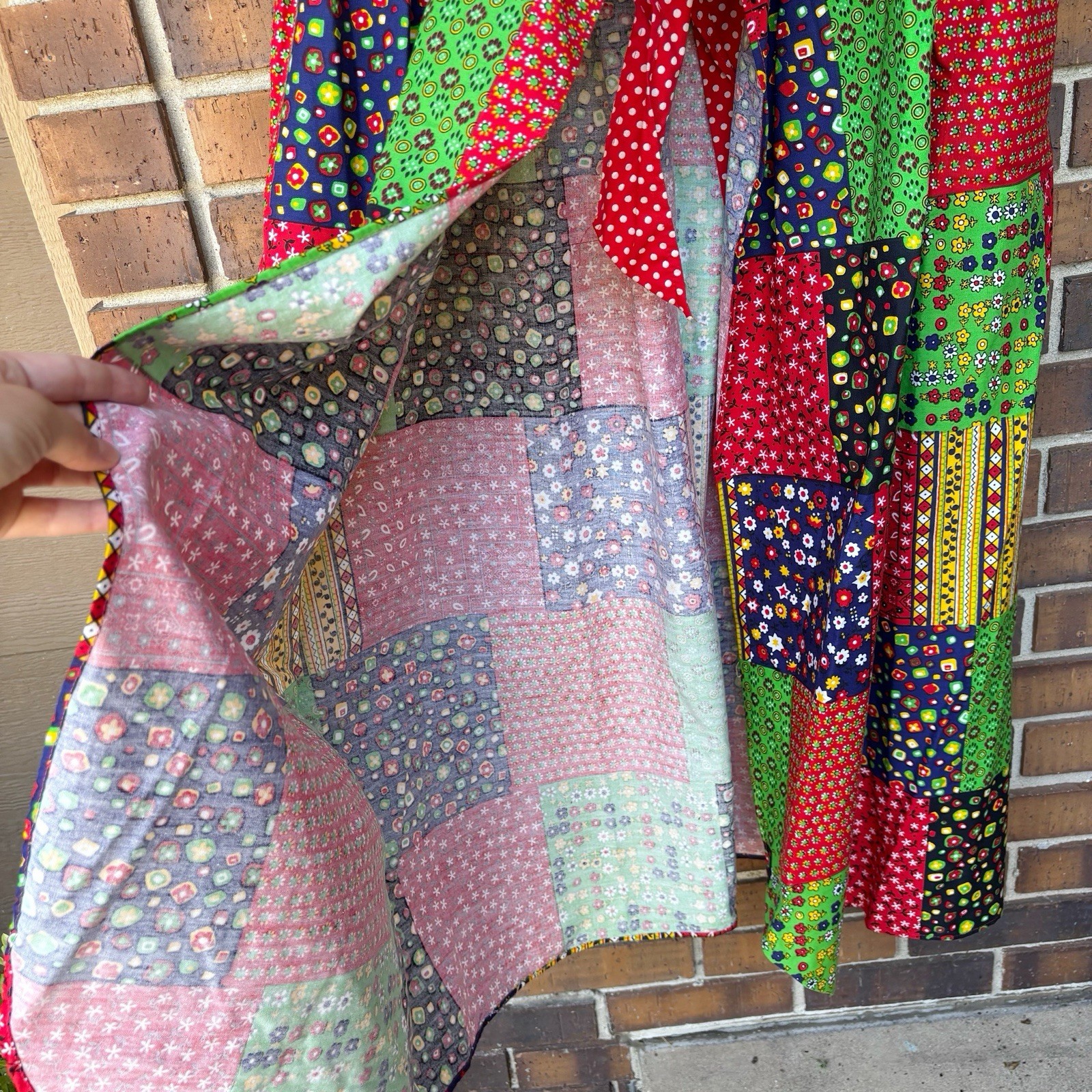 Vintage 1970s Patchwork Apron Smock Wrap maxi dress with pockets and ties S/M