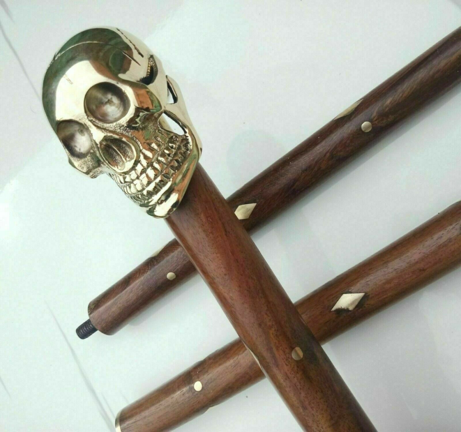 Antique Walking Cane Wooden Stick Brass Skull Head Handle Vintage Knob Cane Gift