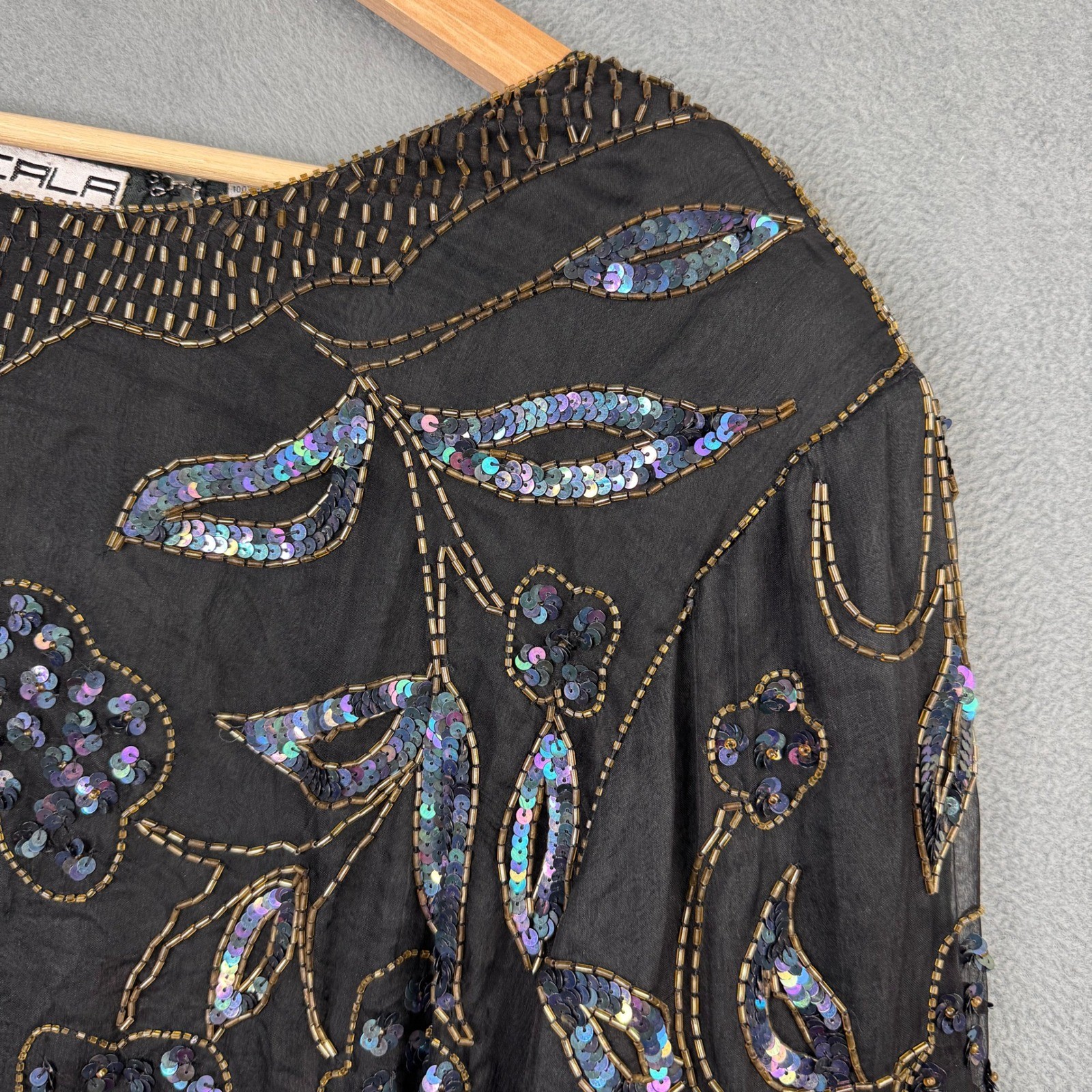 Scala Vintage 100% Silk Beaded Sequin Floral Blouse Black Iridescent Plus 1X