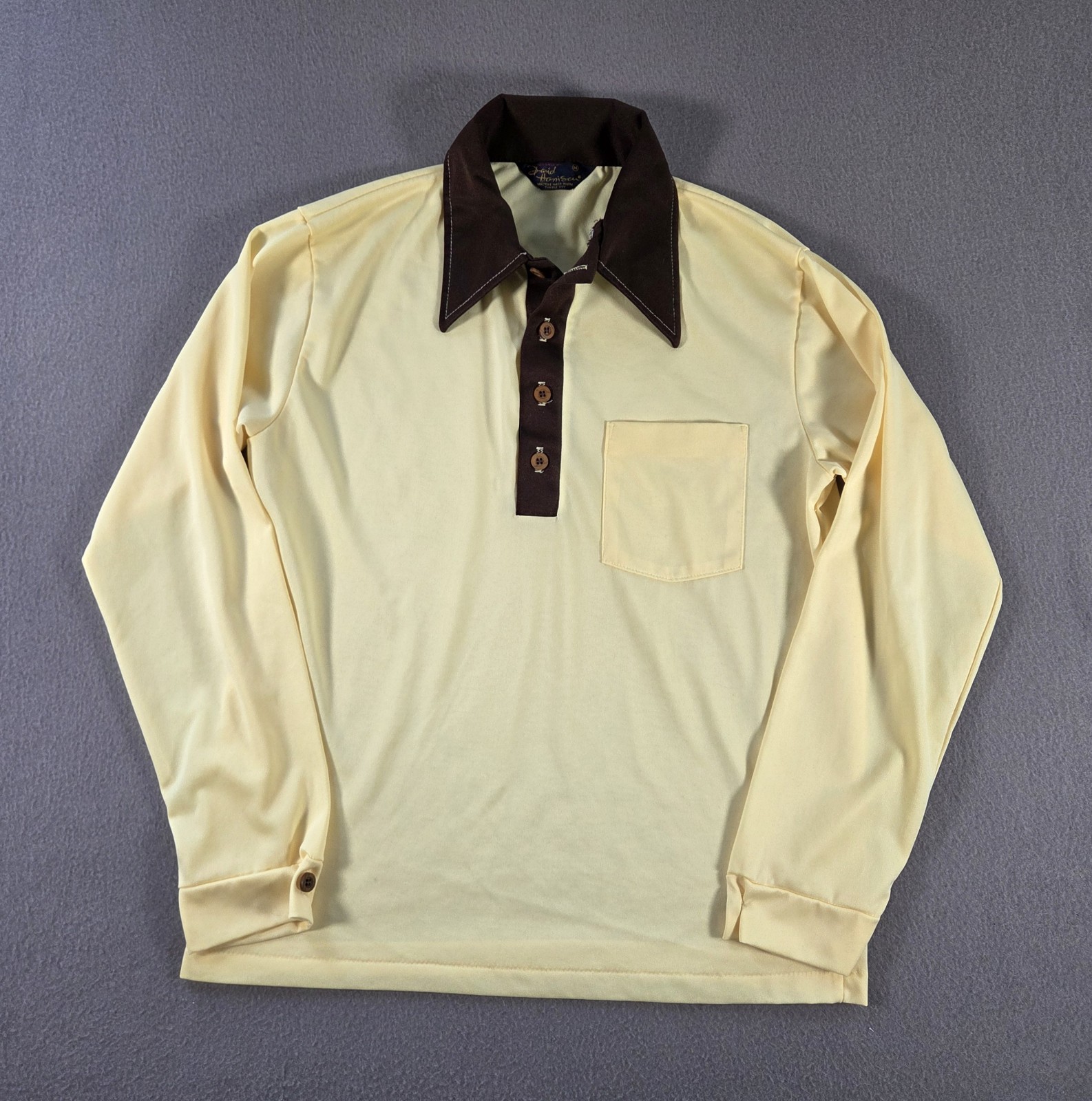 Vintage 70s Shirt Mens Medium Yellow Long Sleeve Polo Daggar Collar Smoker David