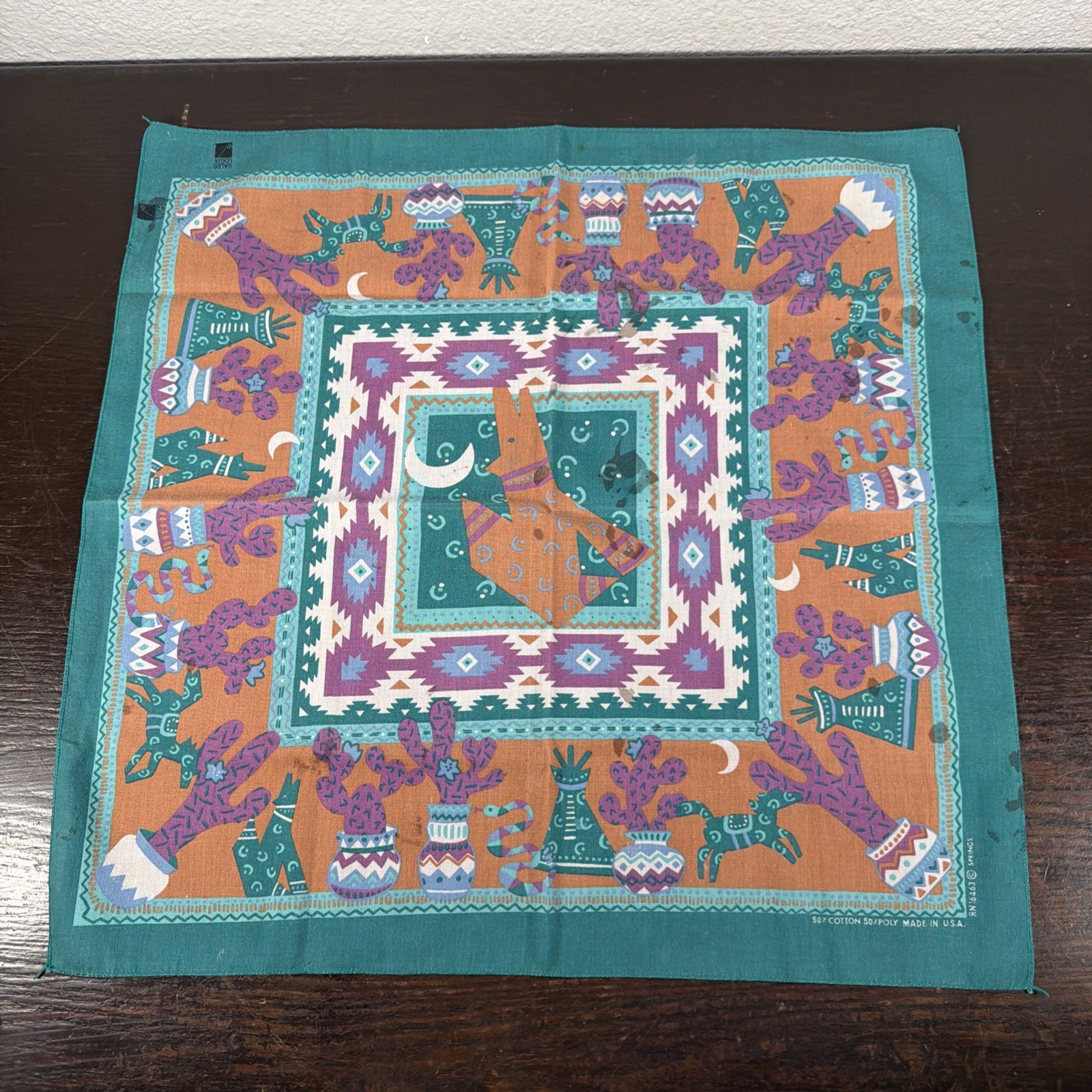 Vtg Springs Bandana Southwestern Wolf Teepee Cactus RN16463 21×21 Made In USA
